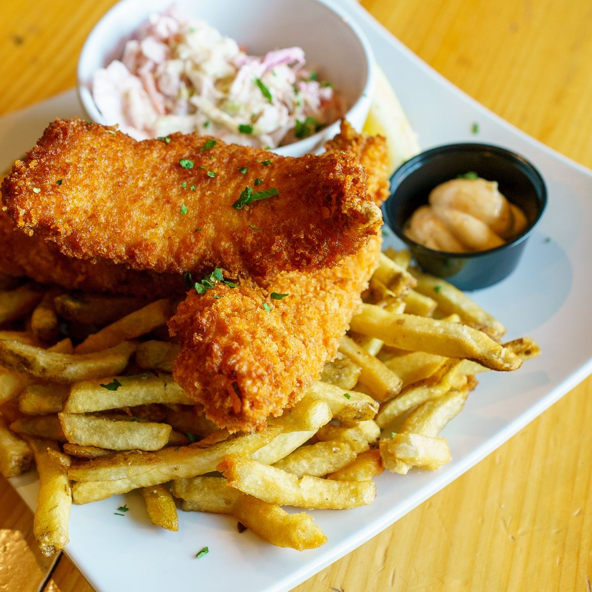 Fish and chips with slaw